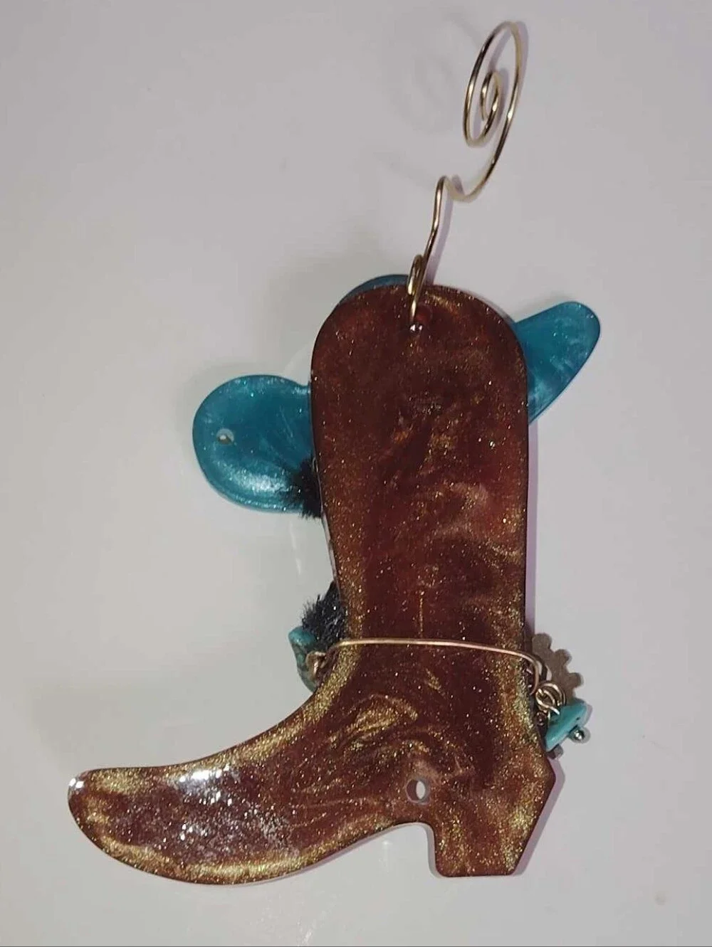 New Brown & Turquoise Resin Cowboy Boot Black Mustache Eyebrow Sparkle Blue Eye